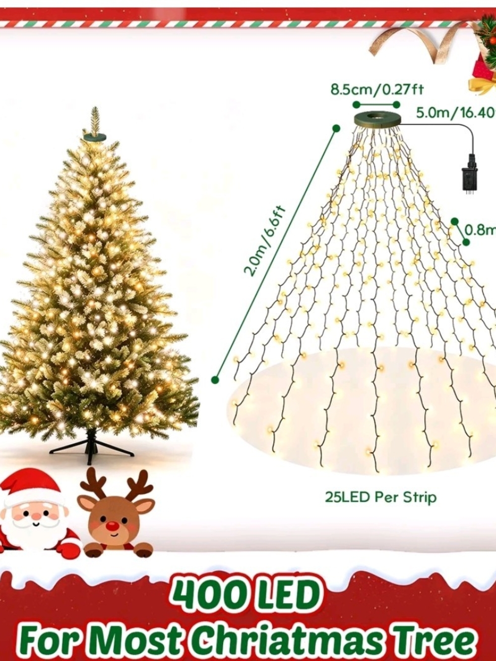 Warm White Christmas Tree Net Lights - 400 LED Circle Top 16 Strands Come Down